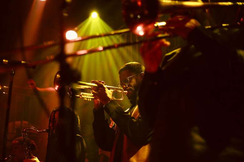 Mark Kavuma among the Jazz Jamaica horns - photos by Pat Pascal